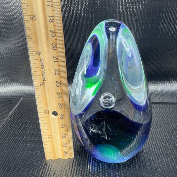 Vintage 1980s Oval Glass Paperweight With Large Bubbles Blue Green Glass Decor - Picture 3 of 11